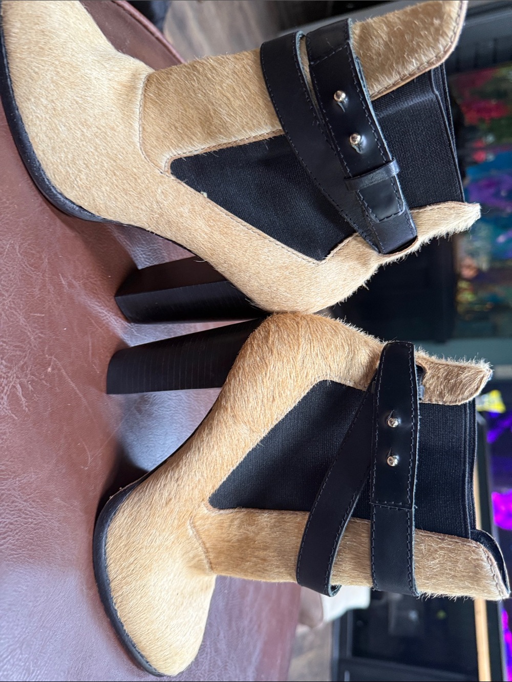 Elizabeth & James Women’s Tan Calf Hair Ankle Boots with Black Trim